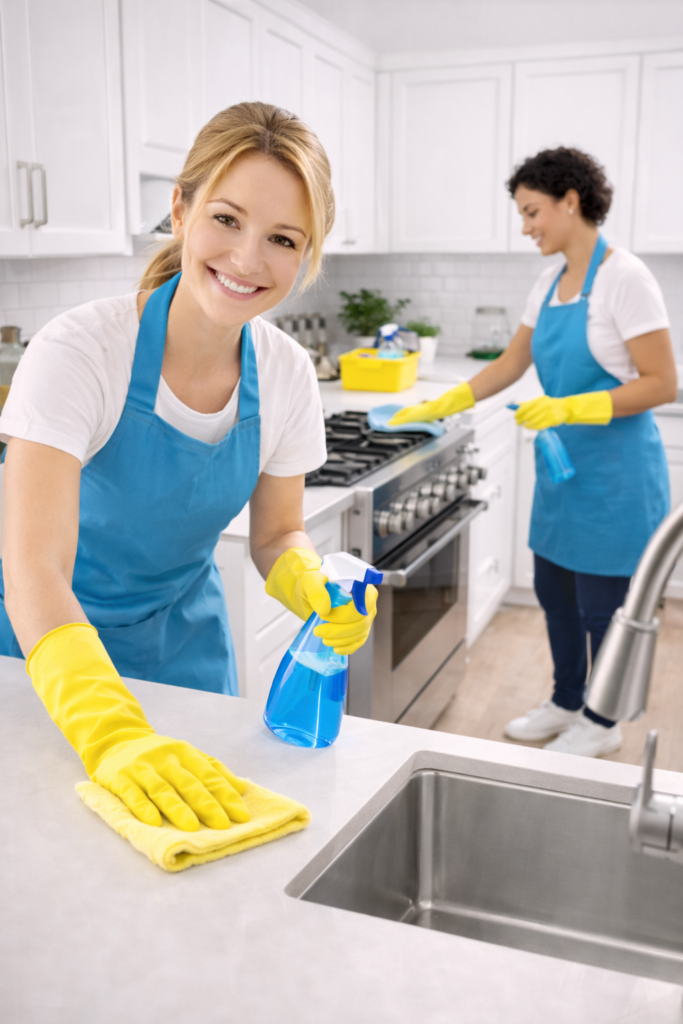 House cleaning service in Dallas TX – professional cleaners wiping kitchen counter and cleaning a modern kitchen