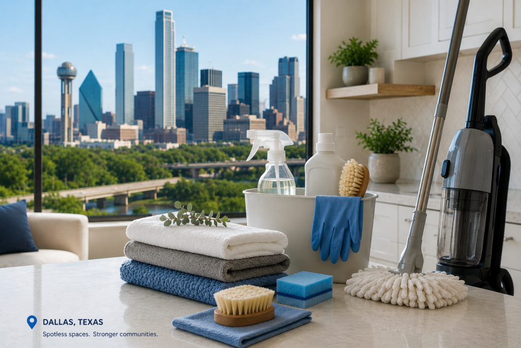 Cleaning supplies and vacuum in a modern apartment with Dallas, Texas skyline background
