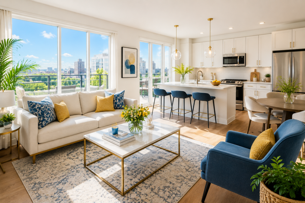 Bright modern apartment interior after standard house cleaning in Dallas TX with clean kitchen and living room