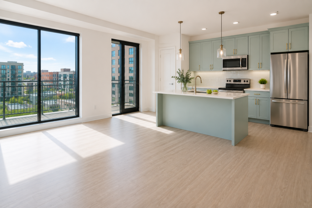 Fresh move-in cleaning in Dallas TX for a bright modern apartment with clean kitchen and empty living space