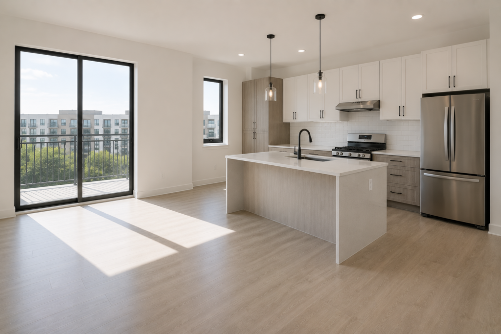 Empty apartment after move-out cleaning in Dallas TX with spotless kitchen and clean floors ready for inspection