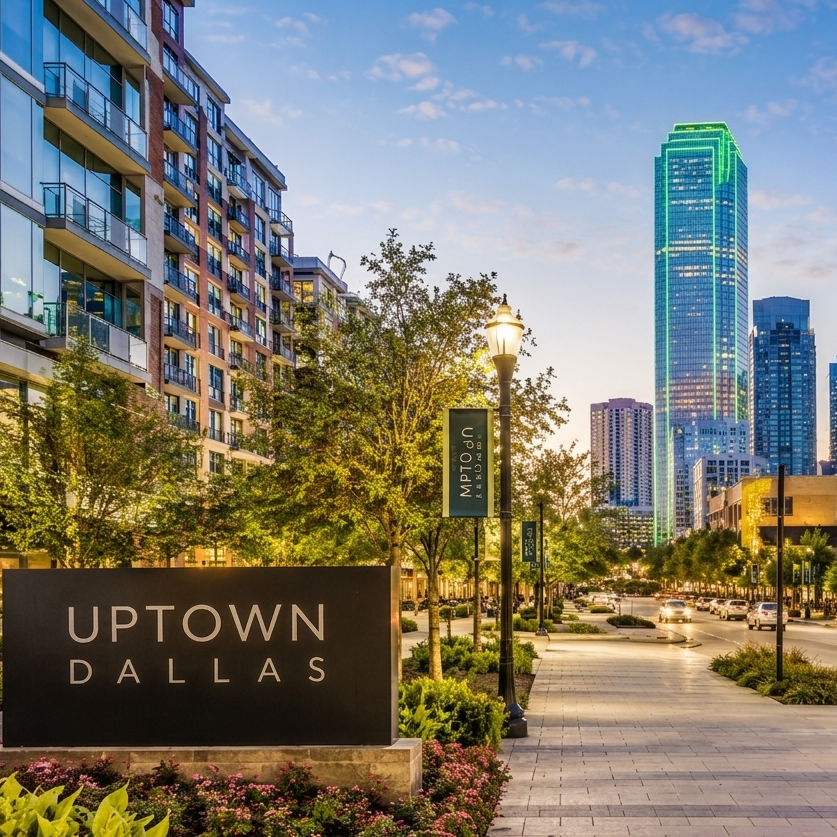 Uptown Dallas neighborhood skyline and modern apartment buildings for local cleaning services in Dallas TX